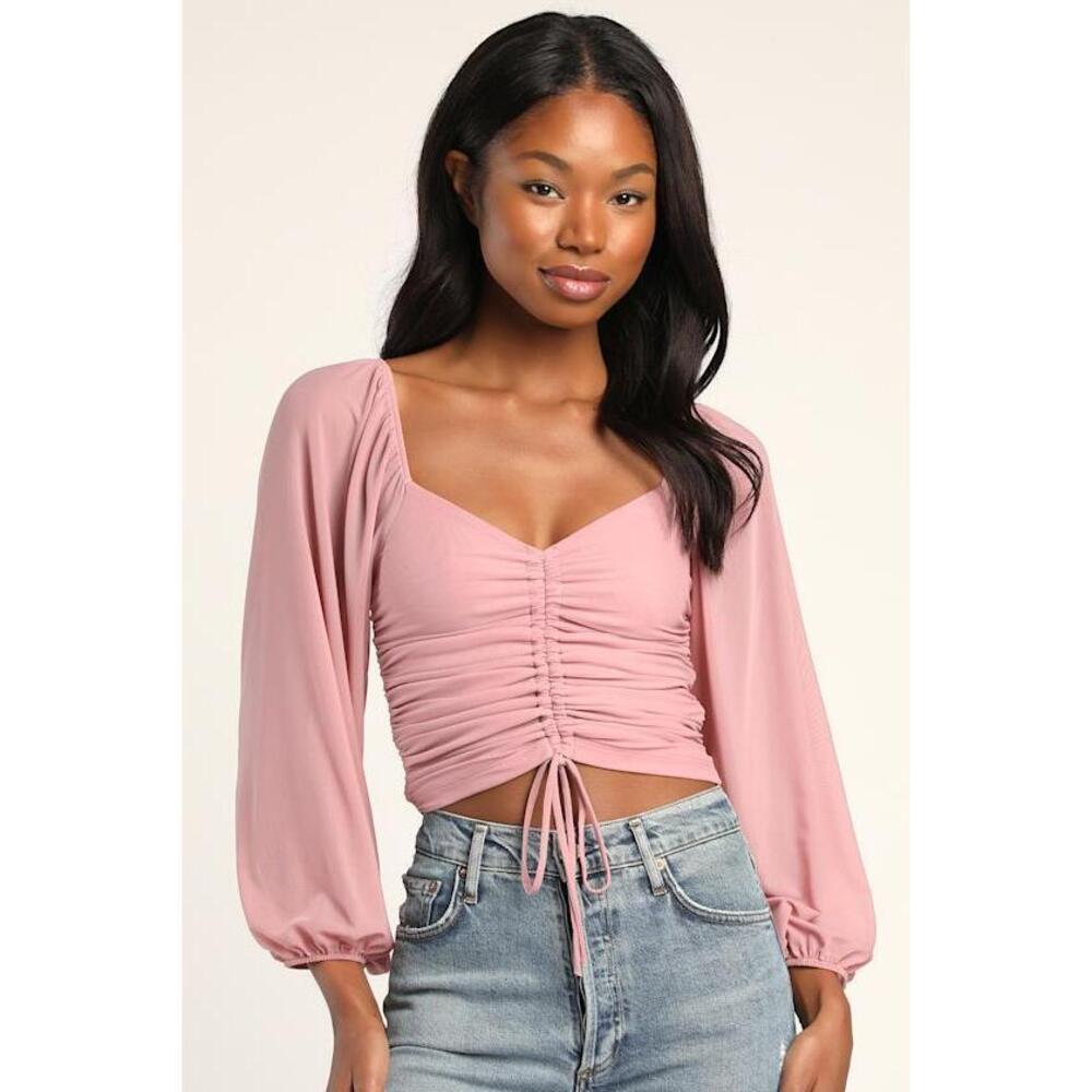 Lulus Completely Charmed Mauve Pink Ruched Long Sleeve Crop Top - Size S